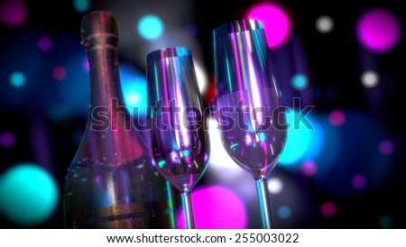 A bottle of Champagne or Wine with Two Glasses, with club light effects