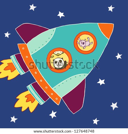 a monkey, a panda and a rabbit exploring outer space in their rocket