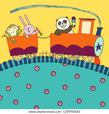 illustration of panda, rabbit and monkey traveling on a train