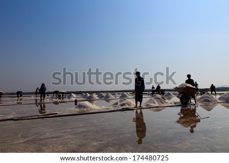 Silhouette of salt pan and workers working on day time, salt pile in Thailand