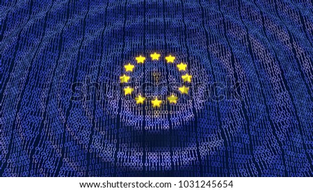 European Union Data Protection (GDPR) bits and bytes in ripple waving pattern with glowing EU stars. 3D illustration