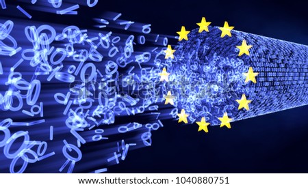 European Union Data Protection (GDPR) bits and bytes in glowing stream with EU stars. 3D illustration