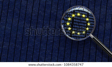 Looking at European Union GDPR bits and bytes through magnifying glass. 3D illustration