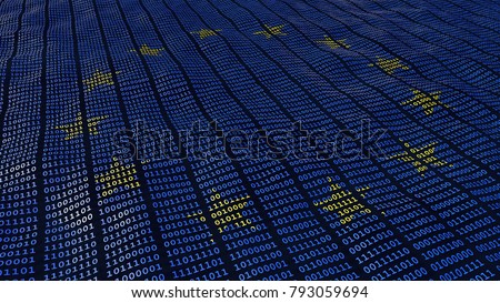 European Union Data Protection bits and bytes in waving pattern with EU stars. 3D illustration