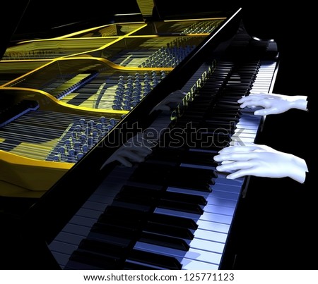 Piano modeled in three dimensional graphics with hands playing.  Zoomed to give slight abstract effect.