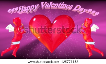 Two cupids and Valentines Day heart modeled in three dimensional graphics