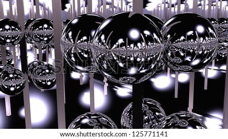 Sphere mirror inside cube with mirror reflective walls to give abstract effect from reflections. 3Dmodeled