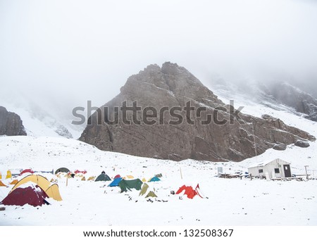 Snow storm in the base camp Confluencia, in the Aconcagua National Park. Argentina.