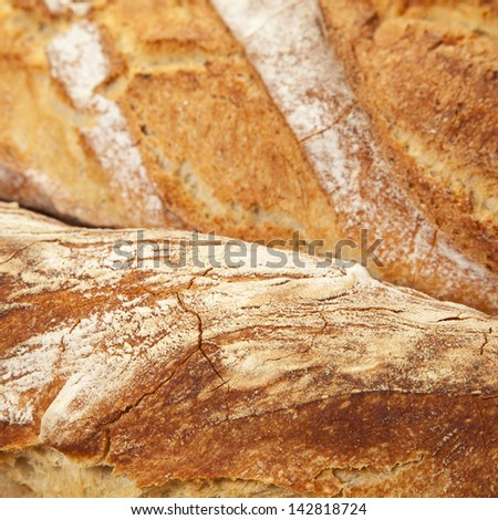Foreground of two bread loaves with crusty texture/ Foreground of two bread loaves with crusty texture.