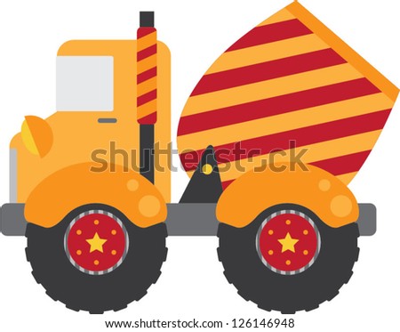 Whimsical construction cement truck with red and yellow stripes and fun stars on the wheels.