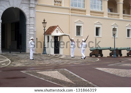 MONACO -Â?Â? JULY 19: Changing of guard on duty at royal palace on july 19, 2011, Principality of Monaco.