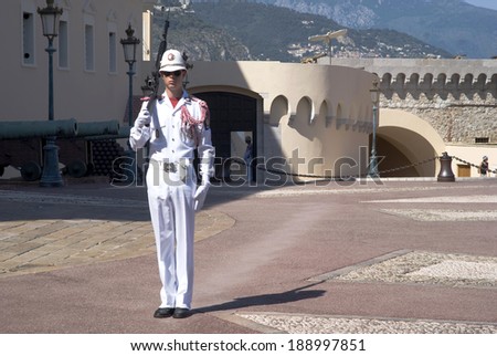 MONACO - JUNE 30: Guard on duty at Royal palace of Monaco on June 30, 2013.