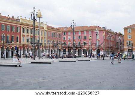 NICE, FRANCE - JUNE 18, 2014: Central Square - Place Massena, new landmark of the town of Nice. A pedestrian-only square, is surrounded by hotels, shops and restaurants.