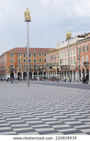 NICE, FRANCE - JUNE 18, 2014: Central Square - Place Massena, new landmark of the town of Nice. A pedestrian-only square, is surrounded by hotels, shops and restaurants.