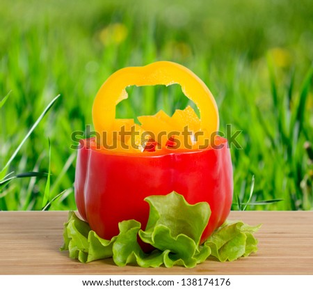 Bell pepper on a bamboo board on the green grass background