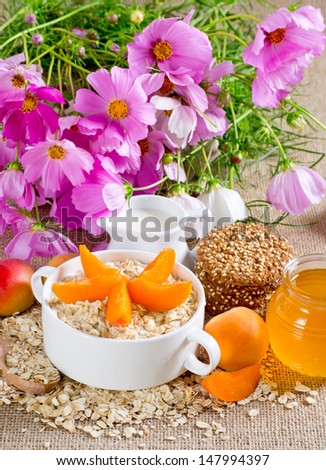 Oatmeal with apricot in the bowl, milk jug, cookies, honey and flowers