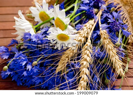 Field bouquet of daisies, cornflowers and spikelets on the wooden board