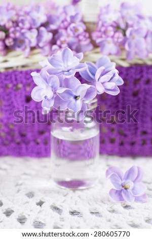 Lilac flowers in a small glass bottle and ornamental openwork knitted cloth. For this photo applied color toning and blurring effect.