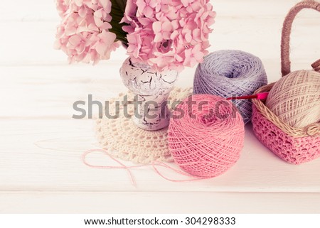 Yarn for crochet and  basket for handmade on white wooden boards in shabby chic style
