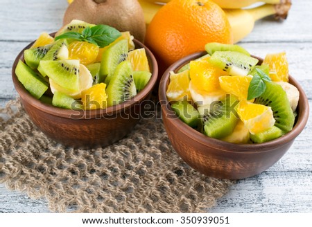 Fruit salad with kiwi, banana, orange and mint in the bowl, openwork napkin on the wooden board