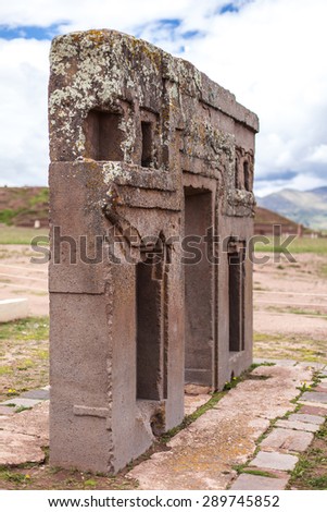 Gate of the sun , rear view, kalasasaya temple tiahuanaco . Bolivia