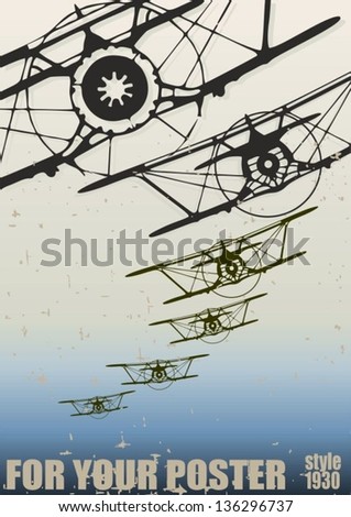 Old biplanes flying in the clouds, retro aviation background. Vector poster