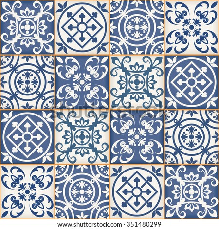 Gorgeous seamless patchwork pattern from dark blue and white Moroccan tiles, ornaments. Can be used for wallpaper, pattern fills, web page background,surface textures.