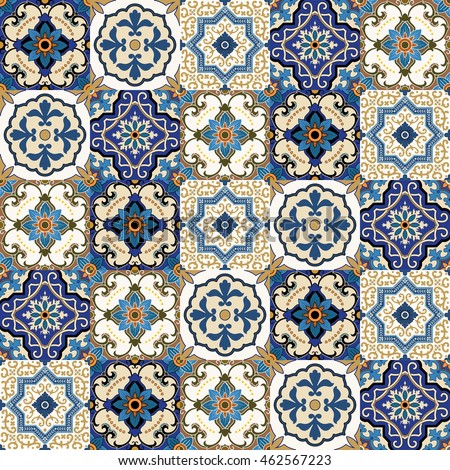 Mega Gorgeous seamless patchwork pattern from colorful Moroccan, Portuguese tiles, Azulejo, ornaments.. Can be used for wallpaper, pattern fills, web page background,surface textures.