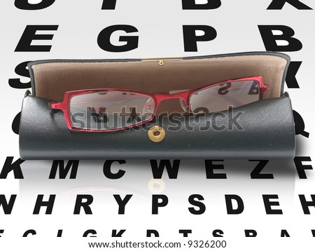 Eyeglasses in case on eye chart.