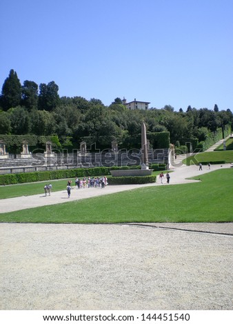Egyptian obelisk and antique stone tub and antique amphitheater in Boboli Gardens in Florence, Unesco World Heritage site,Italy, Europe