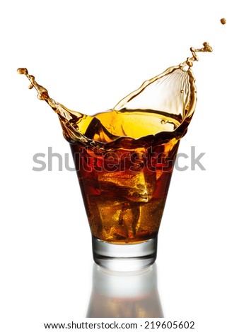 Cola splash in a glass with ice cubes