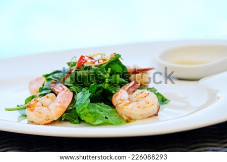 Shrimps. Prawn salad. Healthy Shrimp Salad with greens.