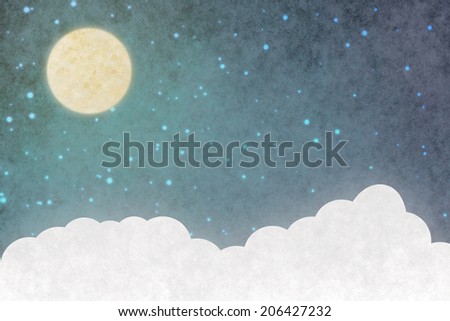 A fantasy cloudscape with stars and a crescent moon overlaid with a vintage, textured watercolor paper background.