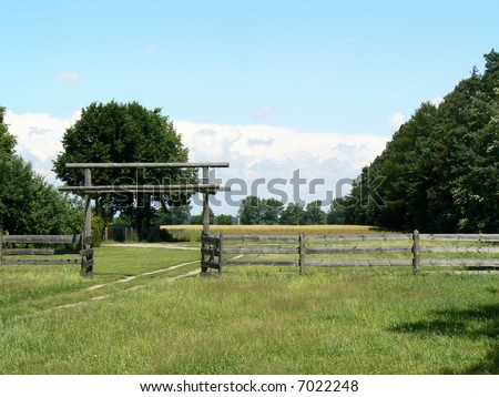 fence, farm, farm, village, grass, pasture, meadow, trees, sky, cloud
