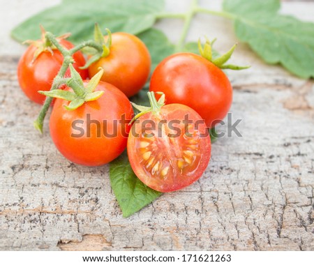Fresh, ripe cherry tomatoes on an old wood. Tomato leaves in the background.