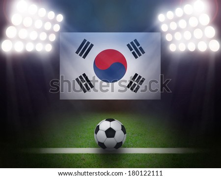 Soccer Ball with South Korea Flag,bright spotlights.