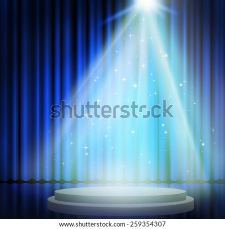 Blue curtains on theater with spotlight.