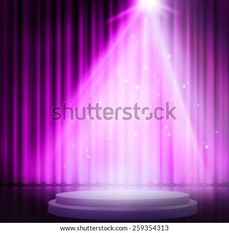 Purple curtains on theater with spotlight.