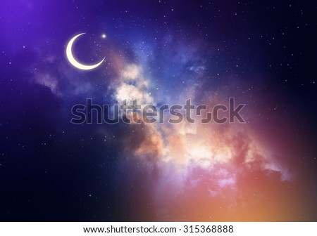 Night sky landscape and moon, stars,Ramadan Kareem celebration.