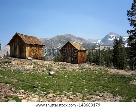 Rustic cabins near an abandoned silver mine in the Sierra Nevada