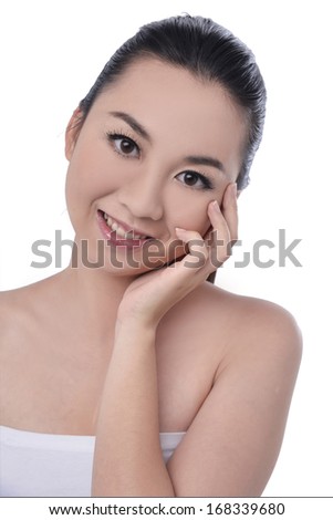 girl Skin care smile face close up and her touch health face