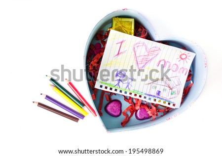 Child drawing of her mother for mother\'s day with pink box heart shape on white background .
