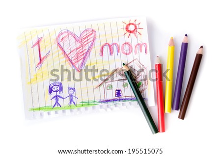 Child drawing of her mother for mother\'s day with pink box heart shape on white background .