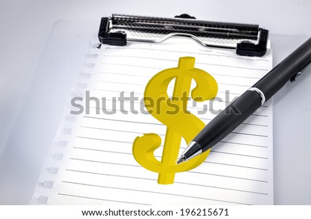 Lined notebook and pen drawing dollar sign on gray background .