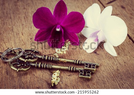 Vintage keys with orchaid flower on wood table background ,still life