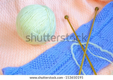 wool clew with knitting clothes and needle