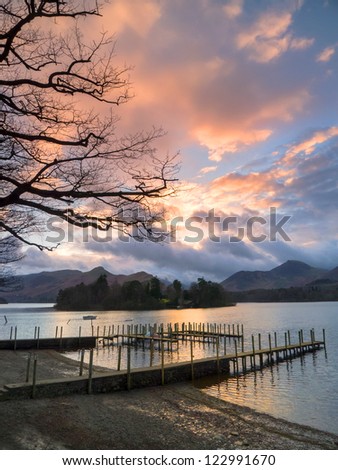 Sunset on Derwentwater at the landing stage near to Keswick