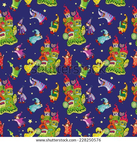 cheerful pattern of the fabulous houses and magic little gnomes on a blue background with stars,  illustration