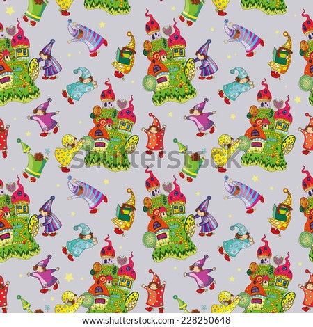 cheerful pattern of the fabulous houses and magic little gnomes on a grey background with stars,  illustration