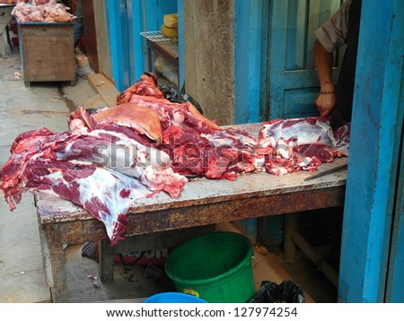 Meat Market in Kathmandu, unhygienic raw meat on the street, Nepal